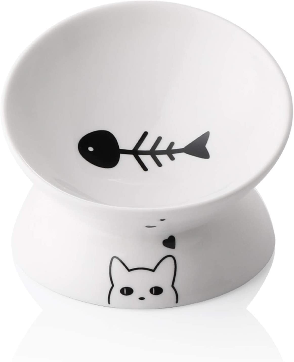 Elevated Ceramic Cat Bowl – Slanted Porcelain Feeder for Food & Water, Spine Protection (White)