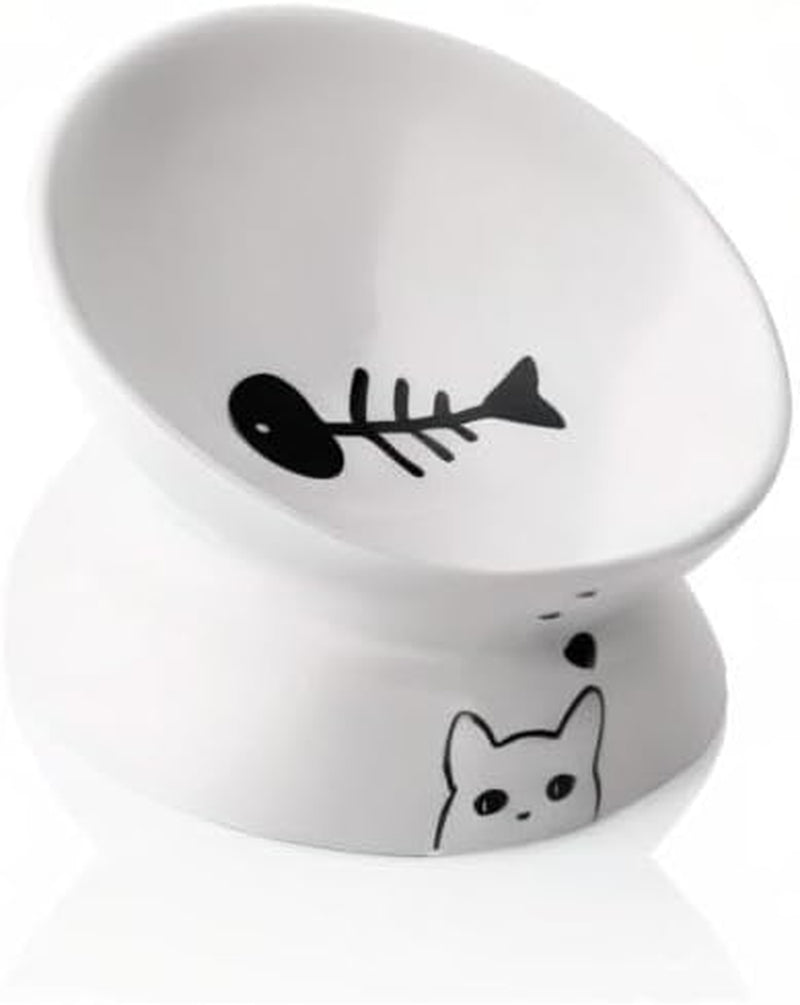 Elevated Ceramic Cat Bowl – Slanted Porcelain Feeder for Food & Water, Spine Protection (White)