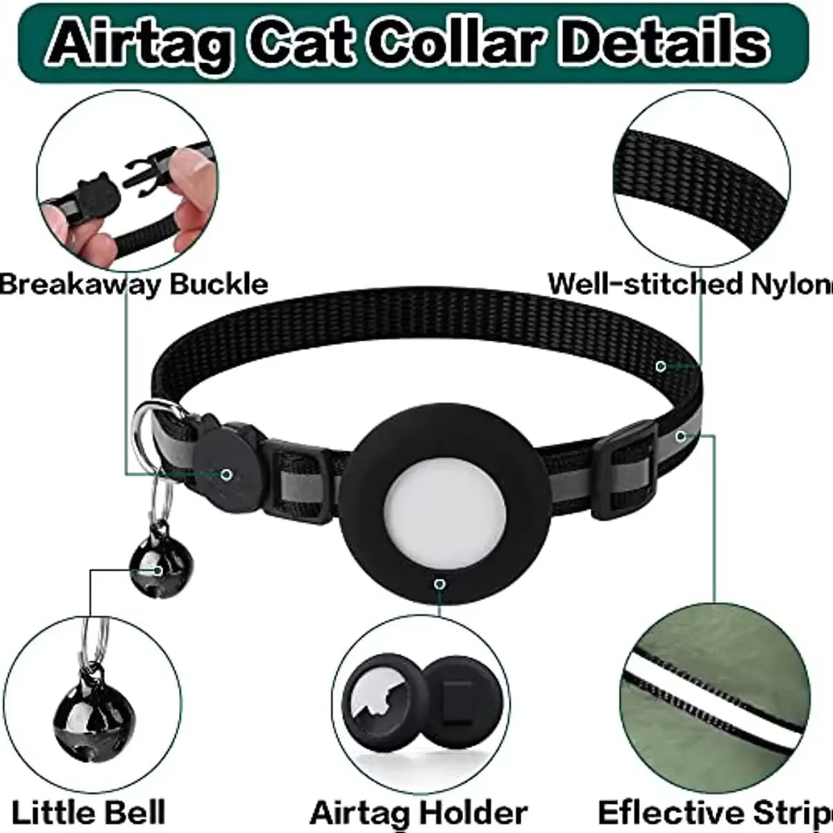 ATUBAN Reflective Airtag Cat Collar – Breakaway Kitten Collar with AirTag Holder & Bell