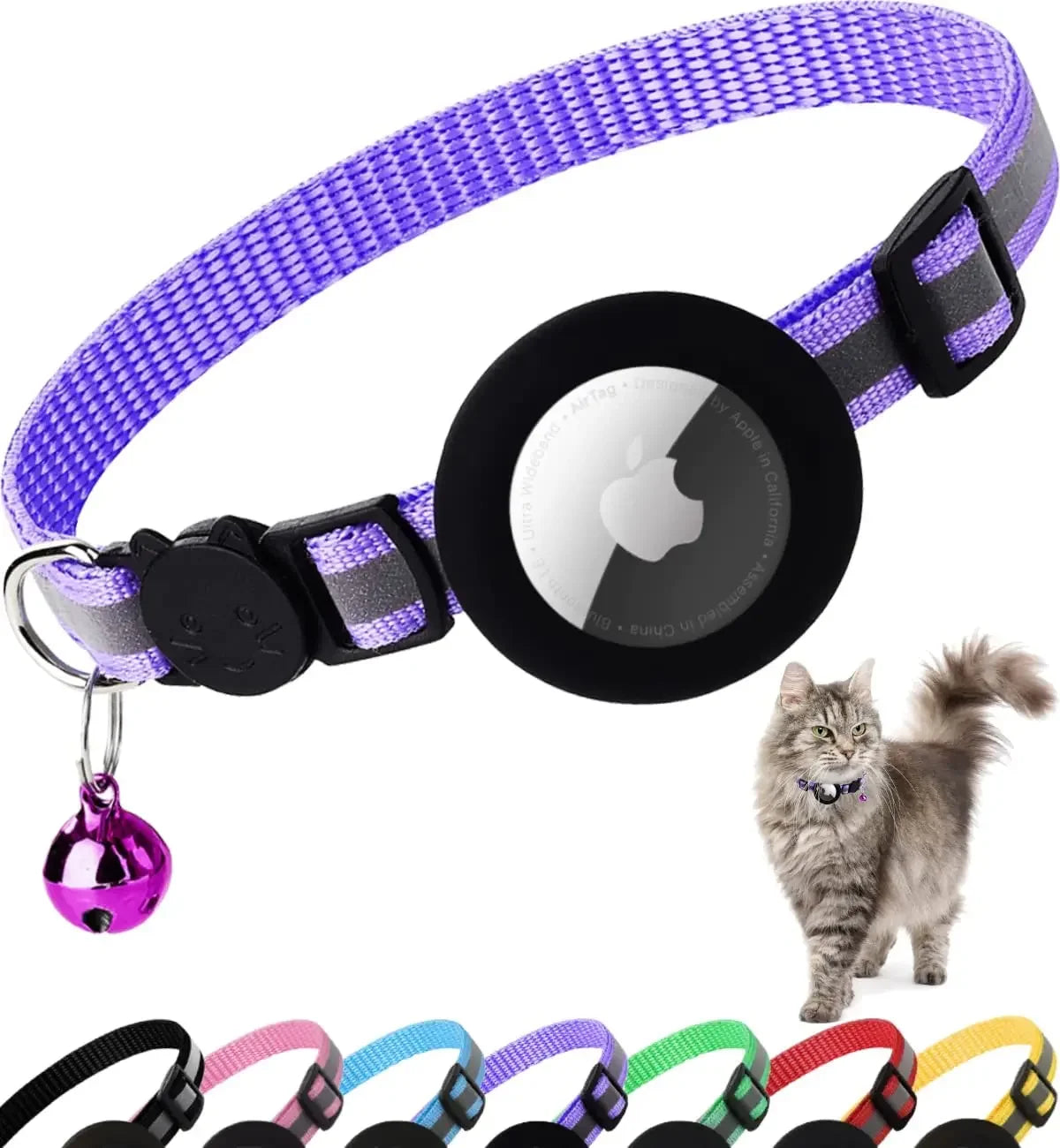 ATUBAN Reflective Airtag Cat Collar – Breakaway Kitten Collar with AirTag Holder & Bell