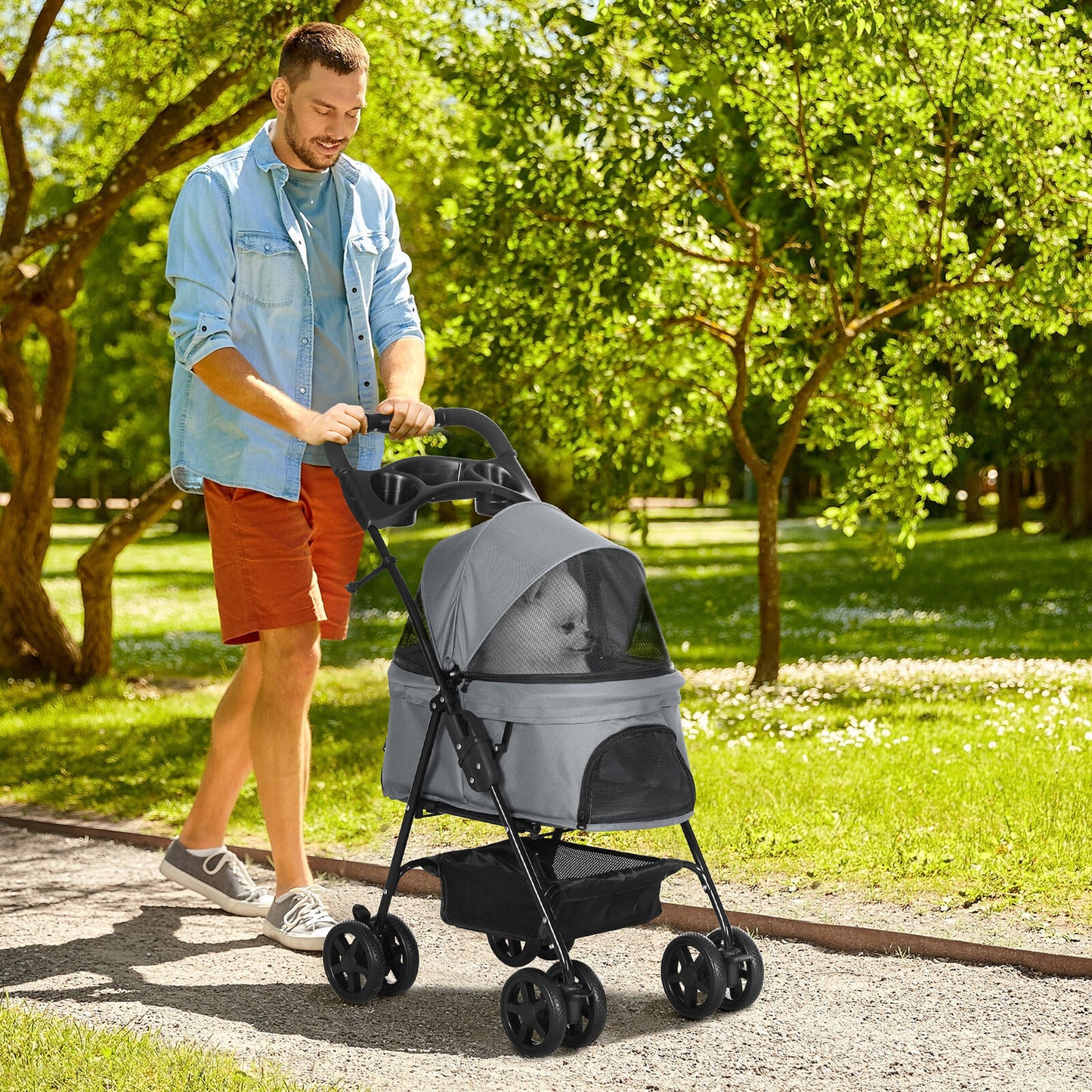 PawHut Foldable Pet Stroller – Travel Carriage with Brake, Basket & Canopy (Grey)