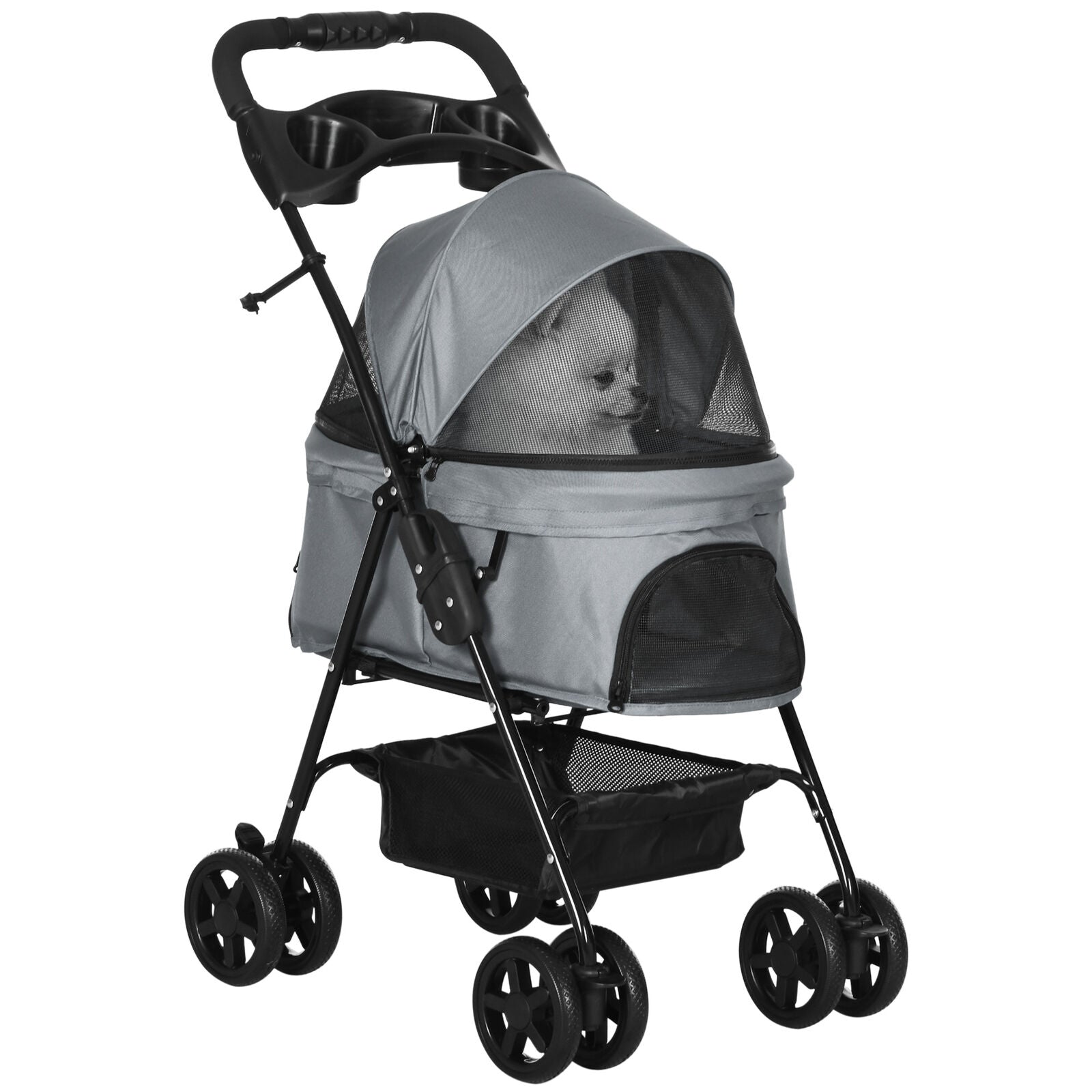 PawHut Foldable Pet Stroller – Travel Carriage with Brake, Basket & Canopy (Grey)