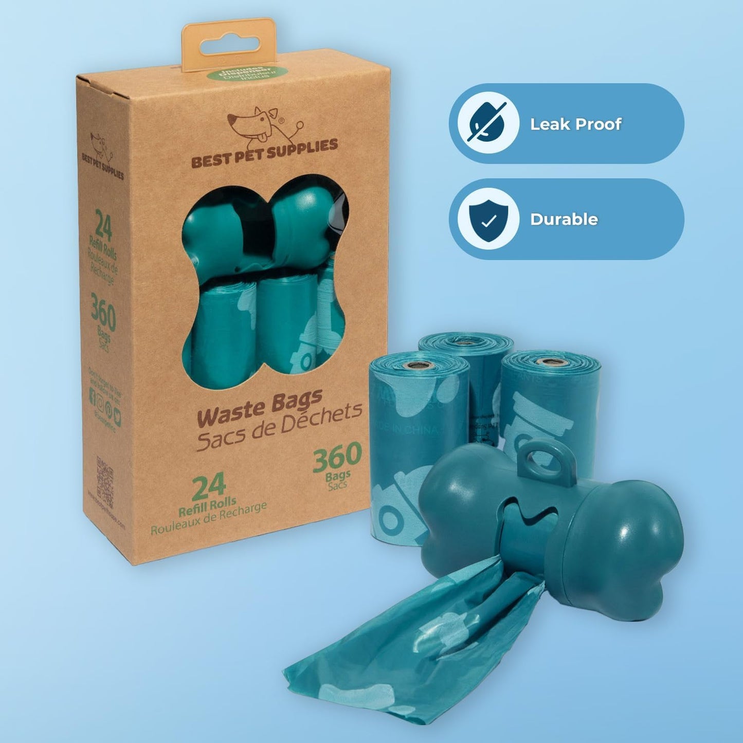 360 Dog Poop Bags – Leak-Proof, Tear-Resistant Waste Bags for Walking & Travel (Turquoise)