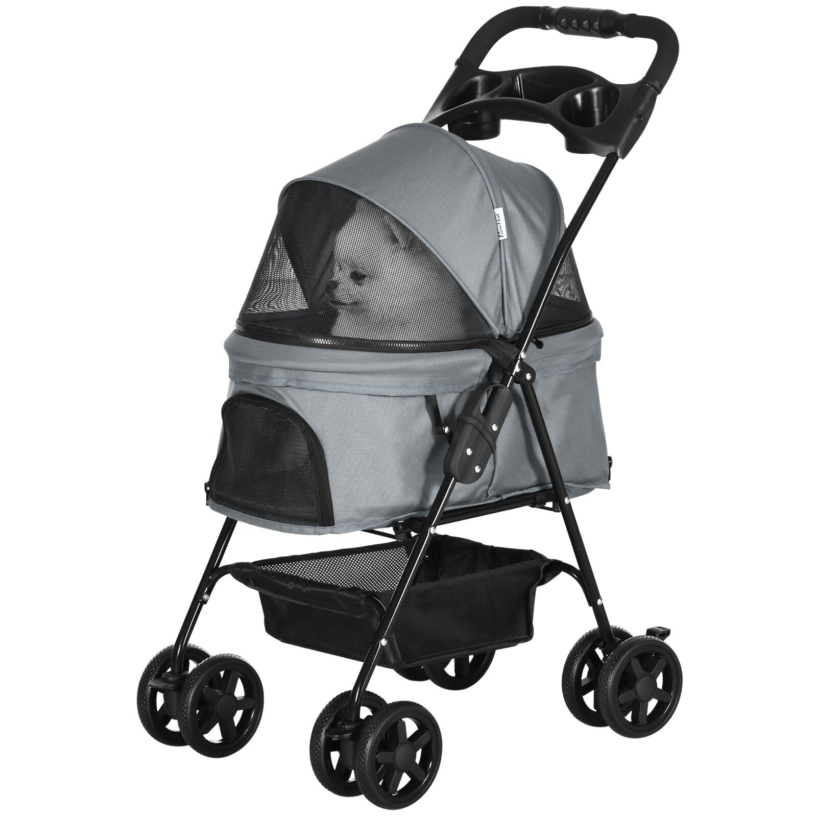 PawHut Foldable Pet Stroller – Travel Carriage with Brake, Basket & Canopy (Grey)