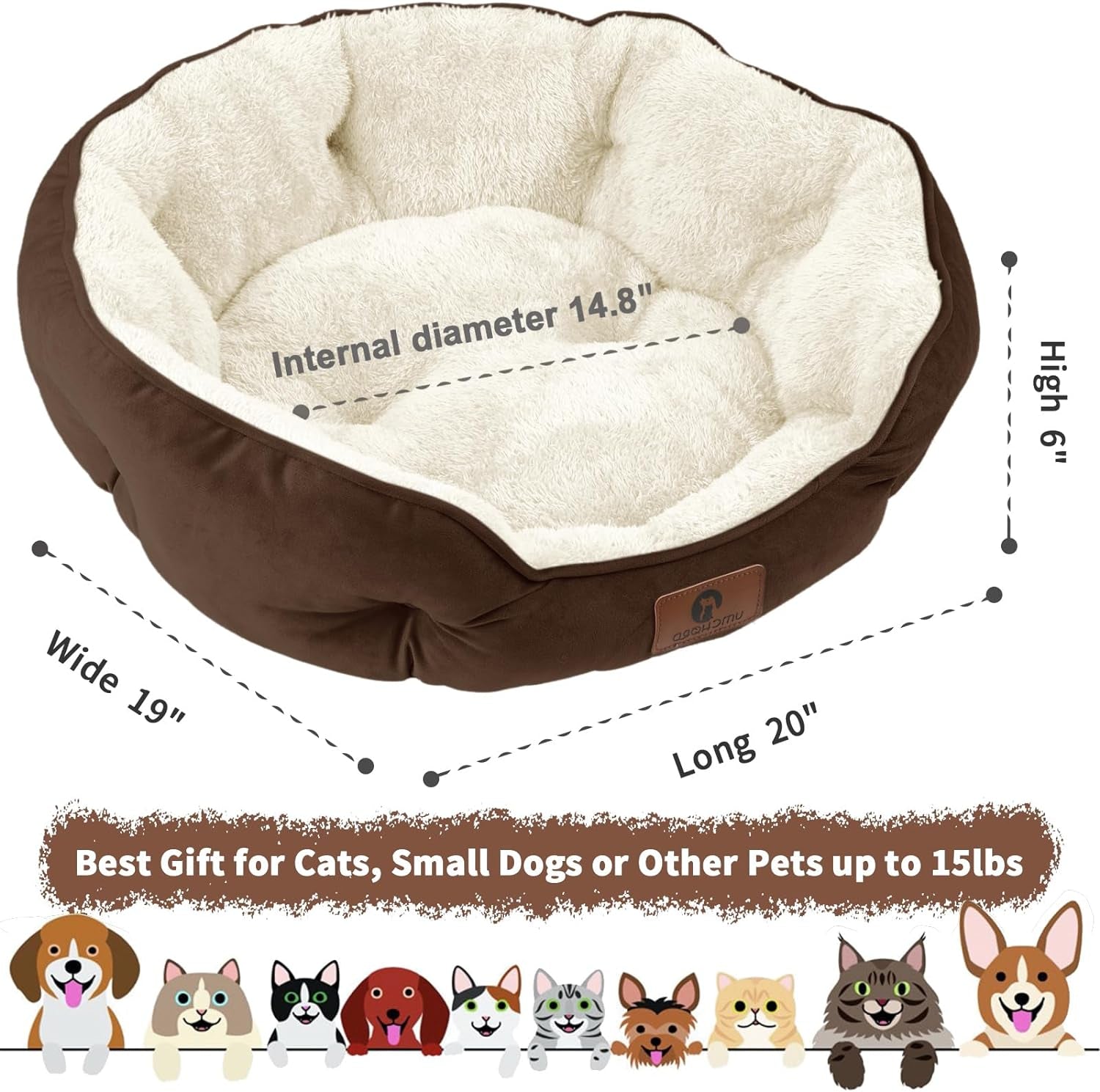 Small Pet Bed – Extra Soft, Machine Washable Dog & Cat Bed with Non-Slip Waterproof Bottom (20” Brown)