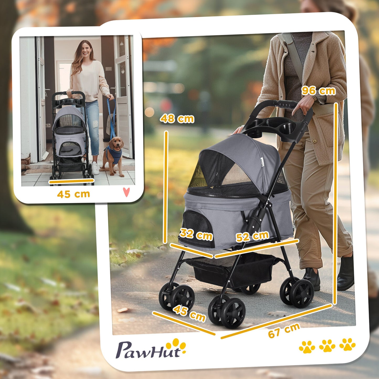 PawHut Foldable Pet Stroller – Travel Carriage with Brake, Basket & Canopy (Grey)