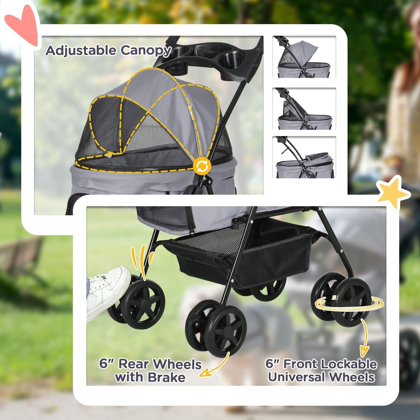 PawHut Foldable Pet Stroller – Travel Carriage with Brake, Basket & Canopy (Grey)